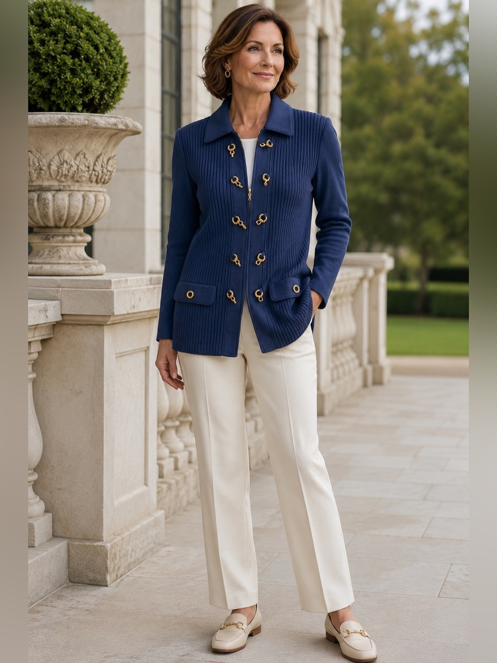 Vintage St John Collection Marie Gray Navy Knit Jacket Gold Hardware Sz 12